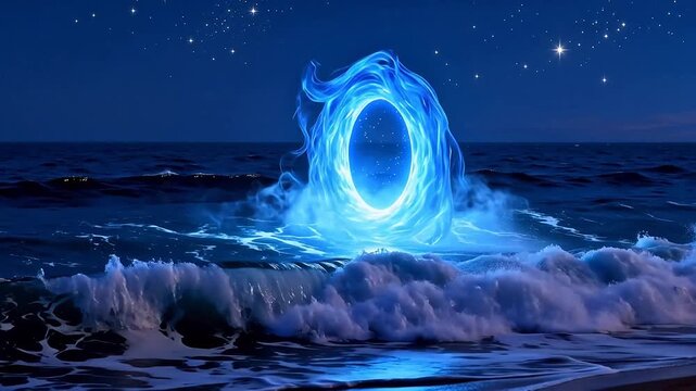 Mystical portal in ocean at night