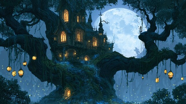 Ancient gothic treehouse castle built into gnarled branches of giant dark oak, hanging glowing lanterns situated under twilight night canopy