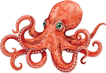 Watercolor red octopus with green eyes swimming underwater sea creature marine life vector illustration isolated on white background © MstBizly