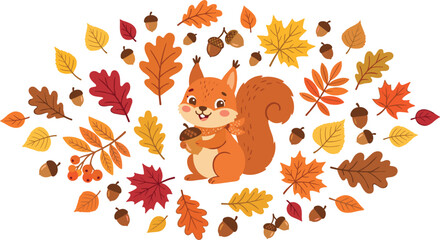 Cute cartoon squirrel holding acorn surrounded by autumn leaves and acorns vector illustration isolated on white background for design © MstBizly