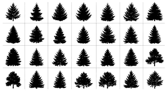 Collection of various pine tree silhouettes on white background