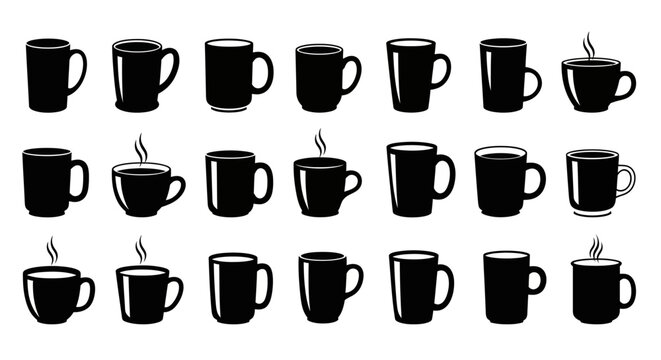 Set of black coffee mugs with steam on white background