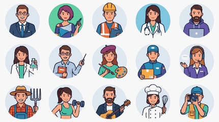 Fototapeta premium Dynamic Collection of 15 Diverse Cartoon Professionals with Unique Attire and Tools in Colorful Circular Icons
