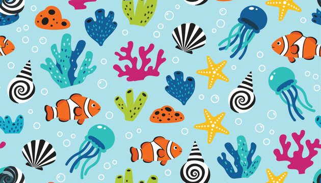 Playful seamless underwater pattern featuring orange clownfish, swimming jellyfish, yellow starfish, and seashells.