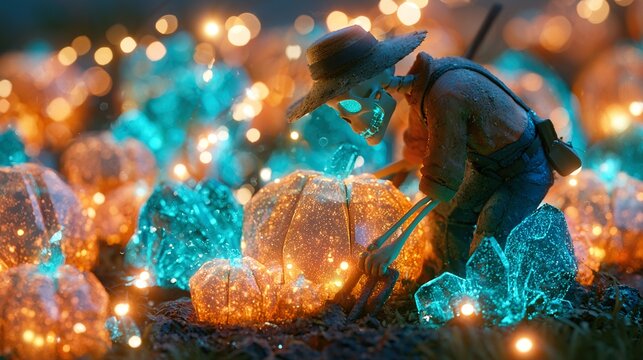 Friendly skeleton gardener tending to patch of glowing crystal pumpkins, vibrant orange cyan colors, sparkling dust in enchanted woodland soft bokeh