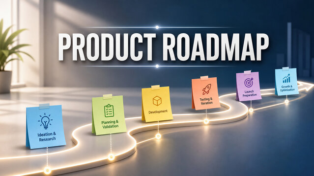 Business product roadmap concept with glowing path, milestone notes, icons, and stages from ideation to growth in a modern office setting.