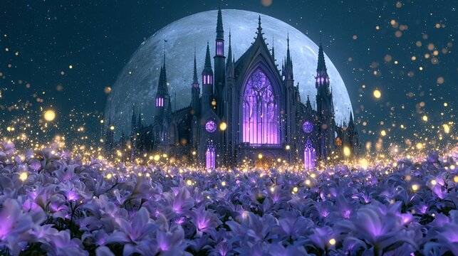 Whimsical 3D illustration of gothic castle with glowing violet windows placed in misty autumn woodland glade with atmospheric golden lighting effects