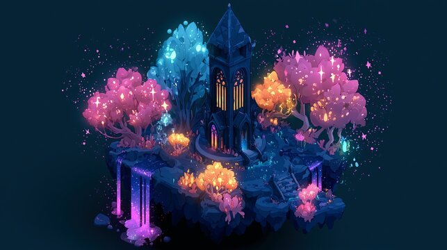 Isometric view of small floating dark island with gothic tower, waterfalls made of liquid starlight positioned in enchanted garden clearing