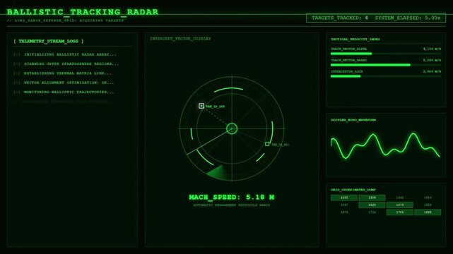Futuristic green ballistic tracking radar hud interface animation.