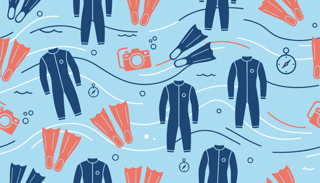 Scuba diving seamless pattern featuring wetsuits, orange flippers, underwater cameras, and compasses on light blue.