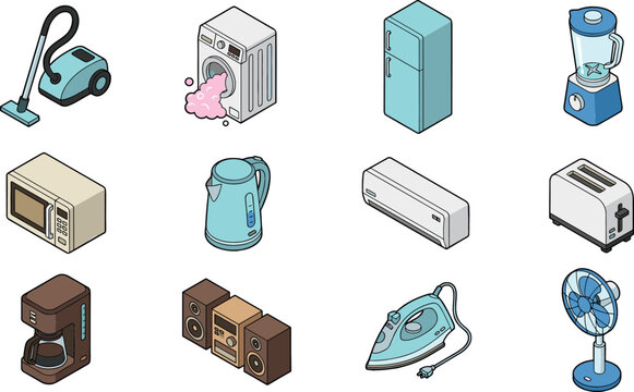 Isometric Home Appliances Vector Icon Set with Washing Machine, Refrigerator, Vacuum Cleaner, Microwave, and Kitchen Electronics for Housework and Technology Designs