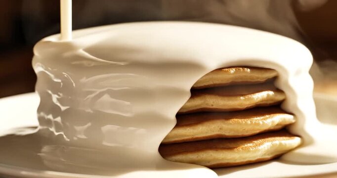 Stack of fluffy pancakes drizzled with creamy syrup on a rustic wooden table setting
