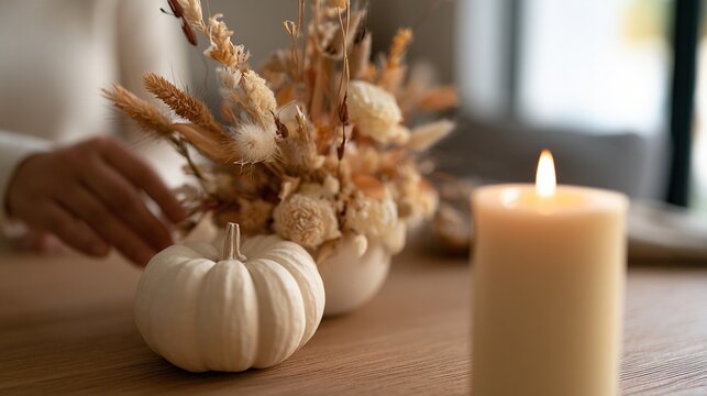 Soft-focus lifestyle of person hand (out of focus) placing small white pumpkin onto dusk light bathes scene warm glow