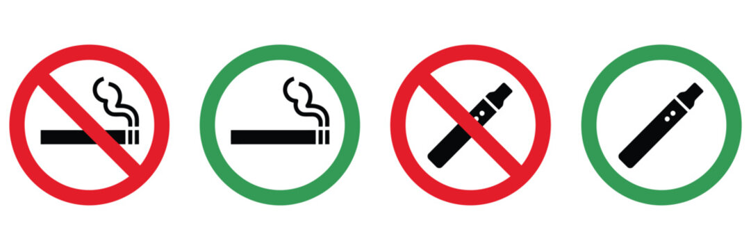 Smoking and Vaping Signs Icon Featuring No Smoking, Smoking Allowed, Cigarette, Electronic Cigarette, Prohibition, Permission, and Public Safety Symbols