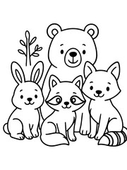 Fototapeta premium Cute Woodland Animal Friends: A charming black and white illustration features a friendly bear, a curious rabbit, a playful raccoon, and a sweet fox gathered together in a whimsical forest setting.