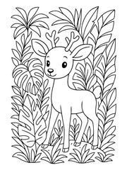 Fototapeta premium Cute Deer Illustration for Coloring: A charming cartoon illustration of a young deer with antlers, set amidst lush jungle foliage, perfect for children's coloring pages and nature-themed designs.