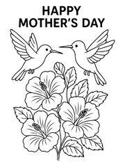 Fototapeta premium Happy Mother's Day Illustration: A heartwarming illustration celebrating Mother's Day features two hummingbirds hovering above a bouquet of hibiscus flowers.