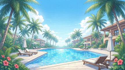 Fototapeta premium ヤシの木に囲まれたリゾートプールと夏空の背景
