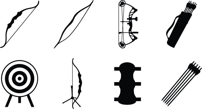 Archery Equipment Silhouette Collection Featuring Bows Arrows Target and Quiver Sports Icons