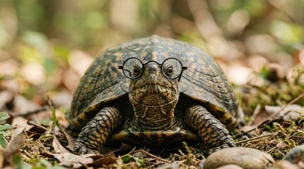 Obraz premium A box turtle with a patterned shell wearing small round black-rimmed glasses, walking on a forest floor covered with dry brown autumn leaves