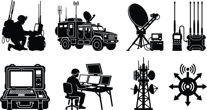 Military Communication and Tactical Radio Equipment Black Silhouette Icon Set for Secure Wireless Network Operations