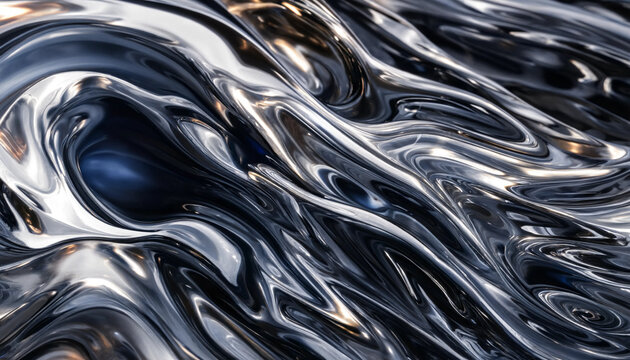 Abstract metallic fluid waves and swirls with smooth surface and reflections, liquid metal texture background.