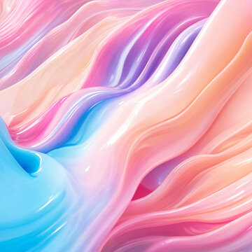 Colorful pastel liquid waves and swirls with soft, smooth surface and bright reflections, pastel abstract background.