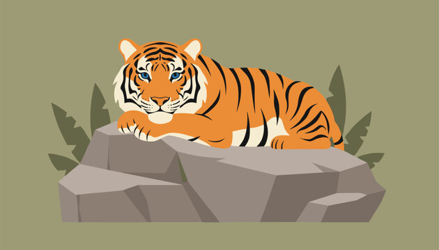 Beautiful vector illustration of a majestic Bengal tiger lying on a grey rock with green tropical leaves on an olive background.