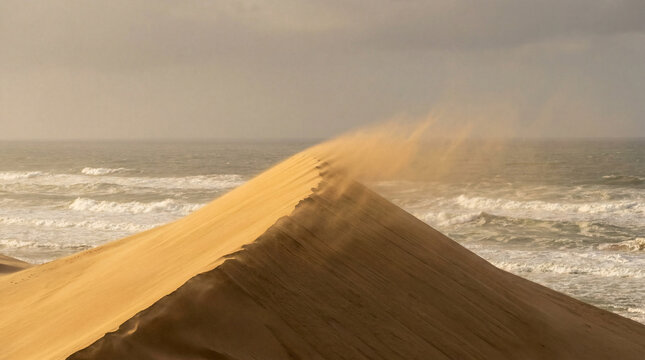 Sand Blowing Off Crest of High Dune near Sea No Human Moody Atmospheric Landscape Photography