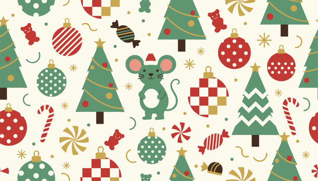 Charming Christmas seamless pattern with a cute little mouse, holiday ornaments, gingerbread stars, and green trees.