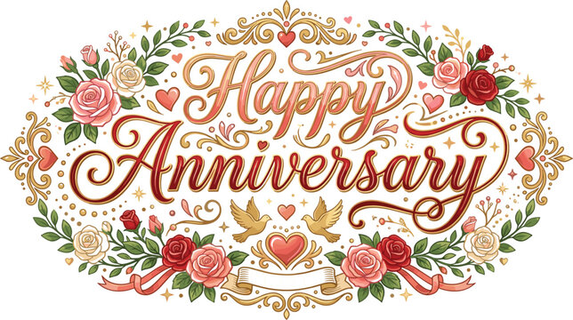 Happy Anniversary Floral Typography Vector Illustration Featuring Elegant Roses, Decorative Vintage Ornament, Romantic Hearts and Celebration Greeting Design