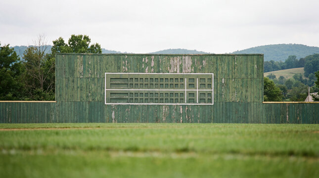 A green outfield wall with an empty generic analog scoreboard evokes classic baseball stadium atmosphere