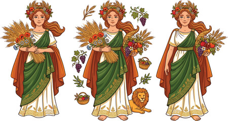 Fototapeta premium Demeter goddess of harvest and agriculture character collection with wheat fruits floral wreath and Greek mythology vector illustration
