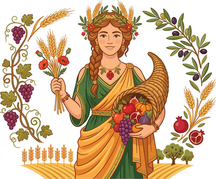 Demeter goddess of harvest and agriculture illustration with wheat fruits cornucopia and classical mythology vector artwork