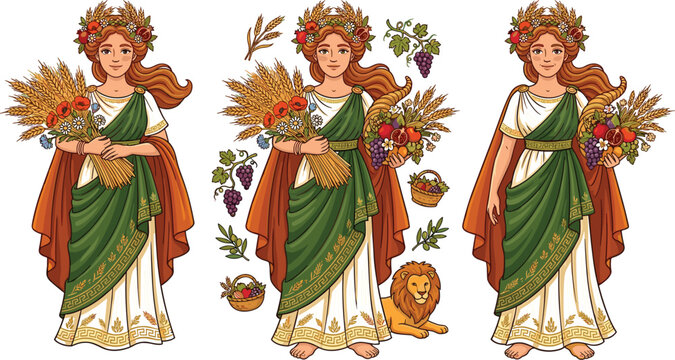 Demeter goddess of harvest and agriculture character collection with wheat fruits floral wreath and Greek mythology vector illustration