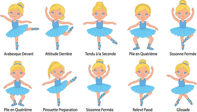 Cute Little Ballerina Character Set Showing Different Ballet Poses and Dance Positions in Blue Tutu for School and Education Vector Graphic Designs