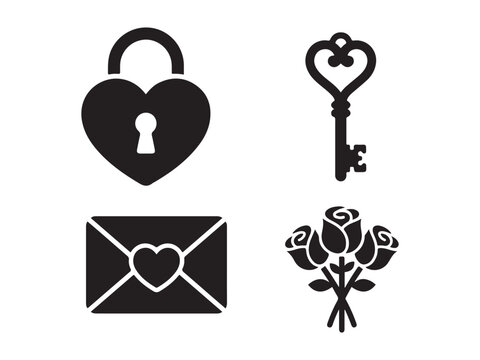 Heart lock key love letter and rose flower bouquet silhouette vector icon set collection