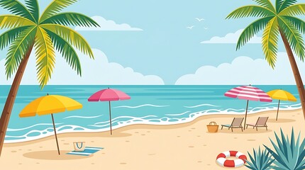 Fototapeta premium Tropical Beach Paradise with Palm Trees, Umbrellas, and Ocean Waves Illustration