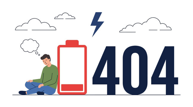 Man sits next to low battery icon with error code 404 appearing under stormy weather