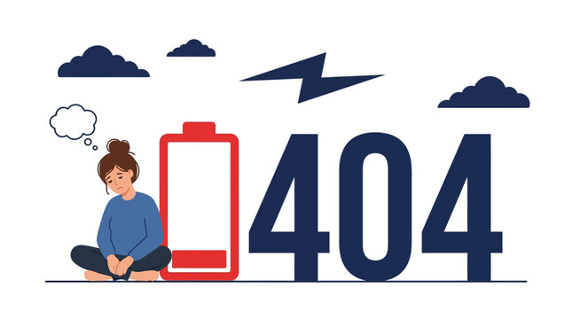 A woman sits next to a low battery symbol with error code 404 under stormy weather