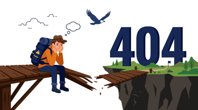 Man sits on broken bridge contemplating 404 error with worried expression and bird flying.