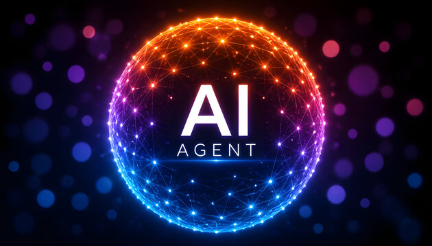 Glowing AI agent text inside a futuristic digital network sphere. Abstract connection lines and nodes with orange and blue light effects. Concept for machine learning technology.