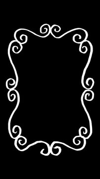 Swirl border frame hand drawn animation, ornate scroll animated motion, curly decorative vintage blank space illustration, retro loop white line art black