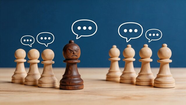Angry wooden chess pawn standing among neutral pieces with speech bubbles, representing conflict leadership or toxic management, business strategy and team communication concept