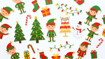 Naklejka premium Cute Flat Vector Christmas Elves and Festive Elements Including Trees, Snowman, Cake, Lights, Stockings and Gifts, White Background