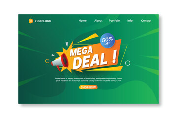Fototapeta premium Mega Deal Promotional Banner with Megaphone and Green Background. Limited Offer Mega Deal Web Banner with Discount Badge