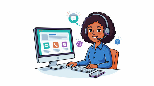 A cartoon woman with dark curly hair wearing a headset sits at a computer