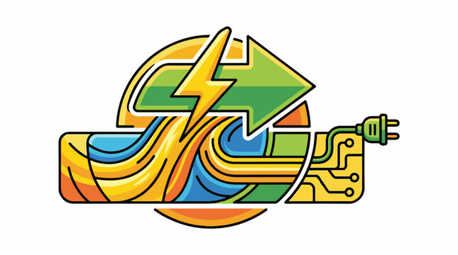 A colorful abstract illustration of a lightning bolt and electrical plug