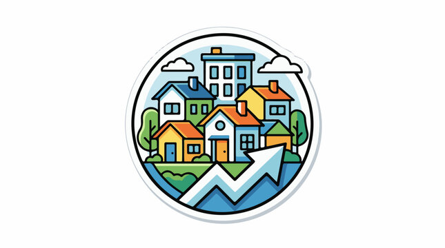 A colorful cartoon illustration of a neighborhood with houses and buildings