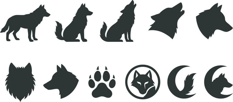 Collection of wolf silhouettes and icons